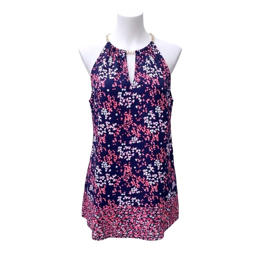 Michael Kors Floral Halter Top Women Size S Navy Pink Gold Chain Neck